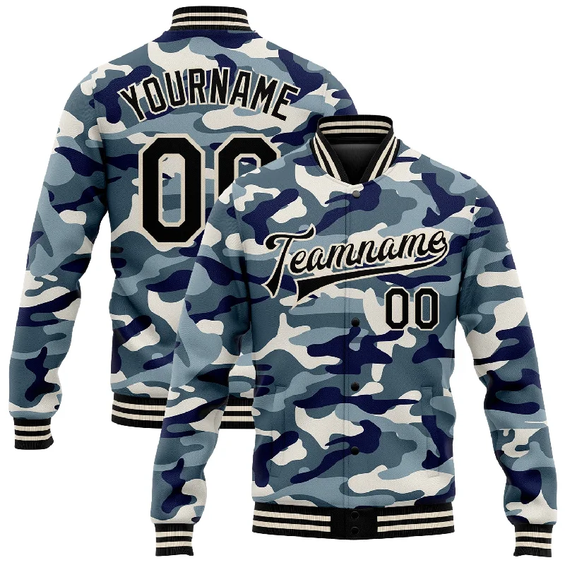 spinning reels for saltwater trolling-Custom Camo Black-Cream Ocean Camouflage 3D Bomber Full-Snap Varsity Letterman Salute To Service Jacket