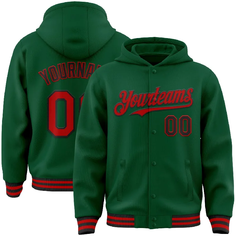 artificial lures for deep sea-Custom Kelly Green Red-Black Bomber Full-Snap Varsity Letterman Hoodie Jacket