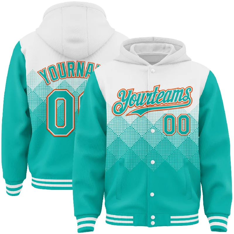 fishing boats under 5000-Custom White Aqua-Orange Gradient Square Shape 3D Pattern Design Bomber Full-Snap Varsity Letterman Hoodie Jacket