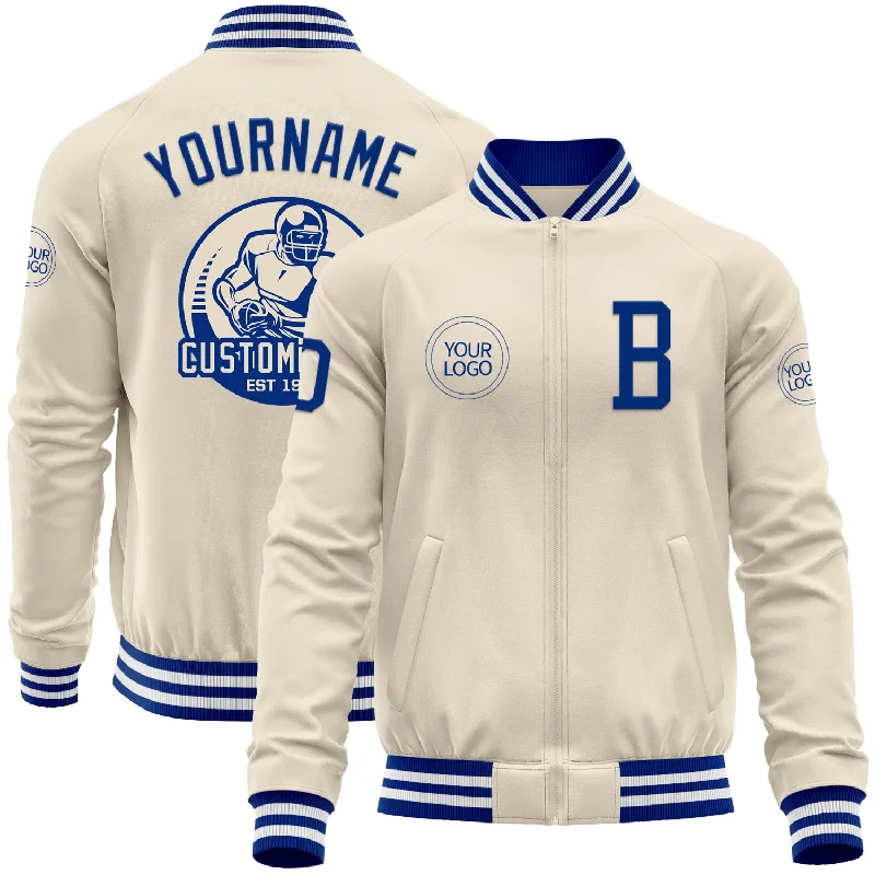 fishing poles for bass-Custom Cream Royal-White Bomber Varsity Letterman Zipper Jacket