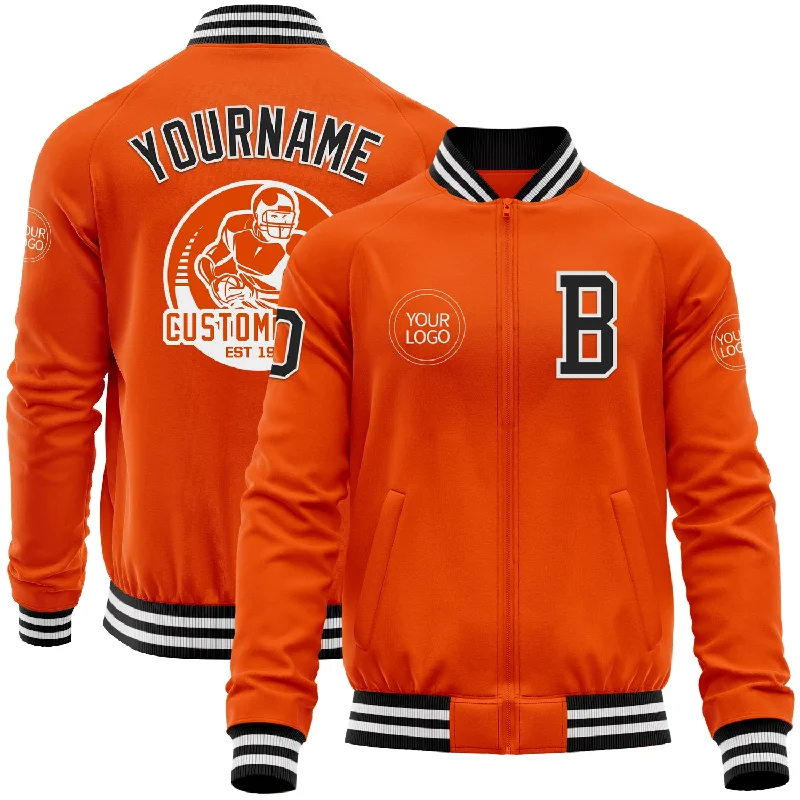 fishing line for bass fishing-Custom Orange Black-White Bomber Varsity Letterman Zipper Jacket