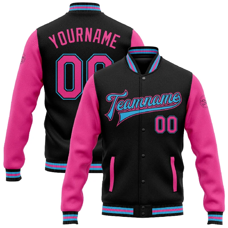 fishing line for deep sea-Custom Black Pink-Sky Blue Bomber Full-Snap Varsity Letterman Two Tone Jacket