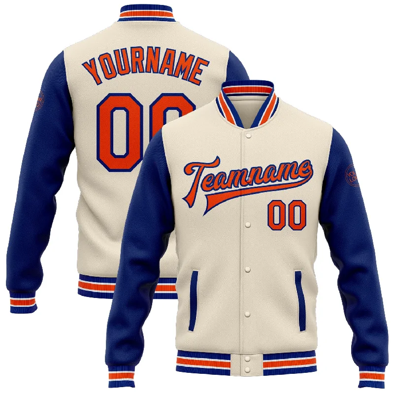 fishing reels for car storage-Custom Cream Orange-Royal Bomber Full-Snap Varsity Letterman Two Tone Jacket