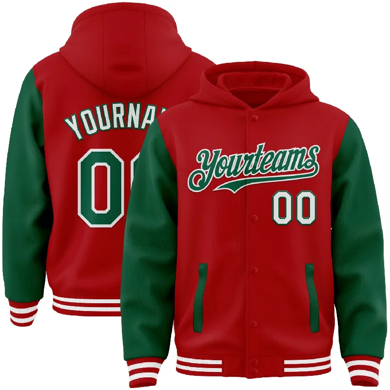 fishing tackle for women fishing-Custom Red Kelly Green-White Bomber Full-Snap Varsity Letterman Two Tone Hoodie Jacket