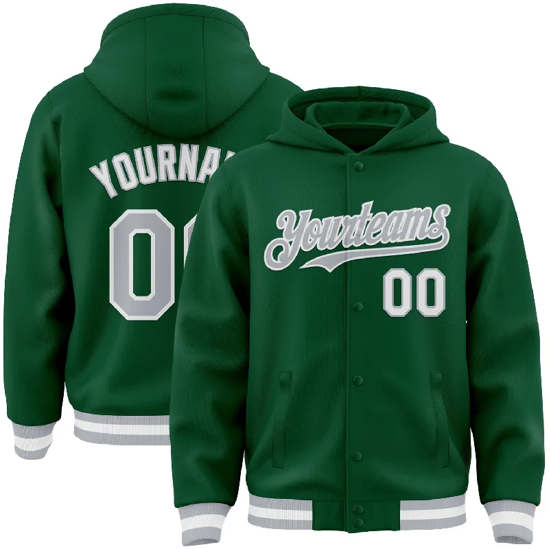 fishing tackle for freshwater-Custom Kelly Green Gray-White Bomber Full-Snap Varsity Letterman Hoodie Jacket