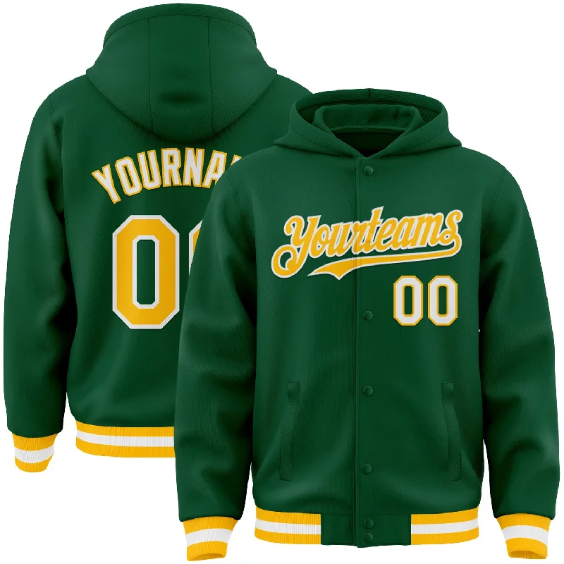 fishing tackle for women-Custom Kelly Green Gold-White Bomber Full-Snap Varsity Letterman Hoodie Jacket