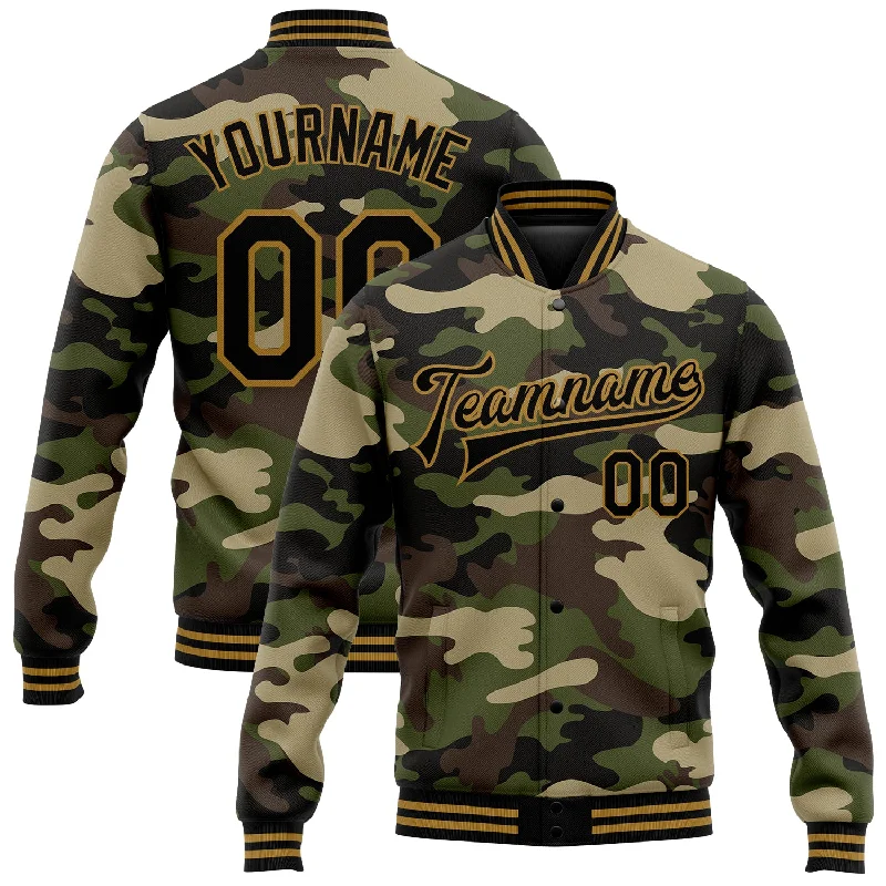 fishing boats for women fishing-Custom Camo Black-Old Gold Jungle Camouflage 3D Bomber Full-Snap Varsity Letterman Salute To Service Jacket