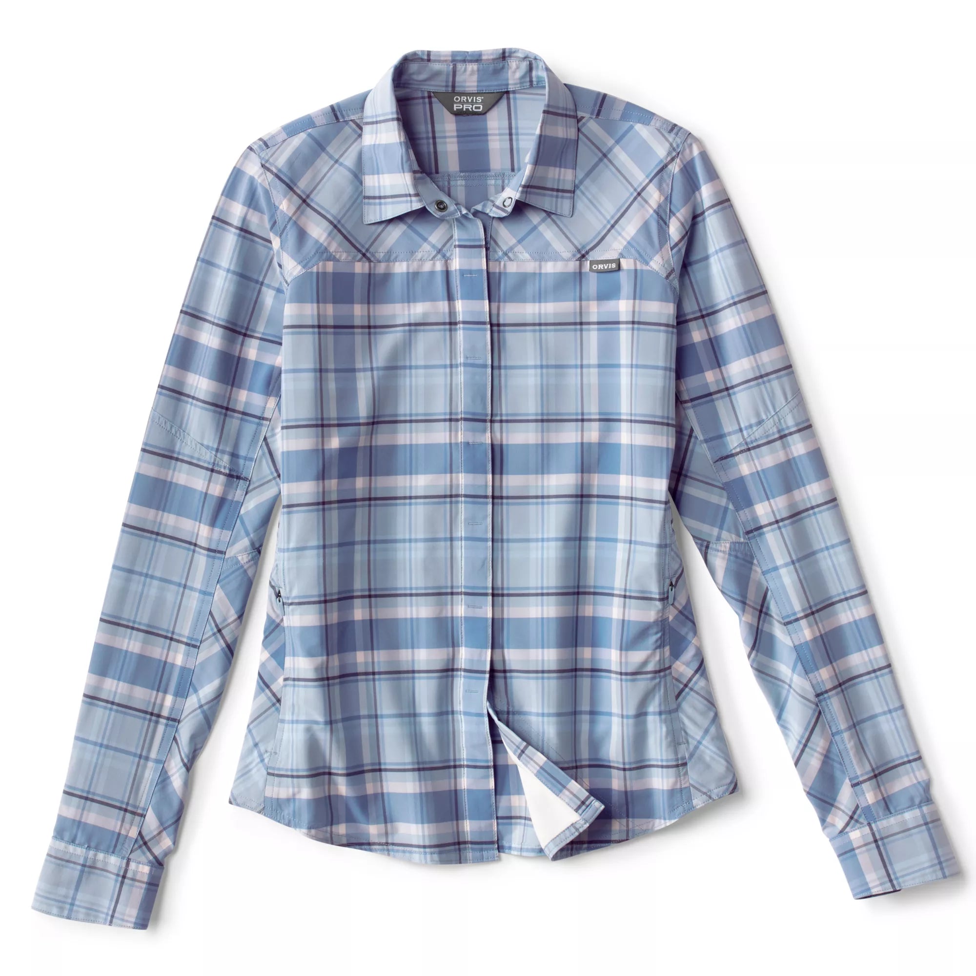 fishing rod holders for ice fishing-Orvis Women's PRO Stretch Long-Sleeve Shirt - Blue Fog Plaid