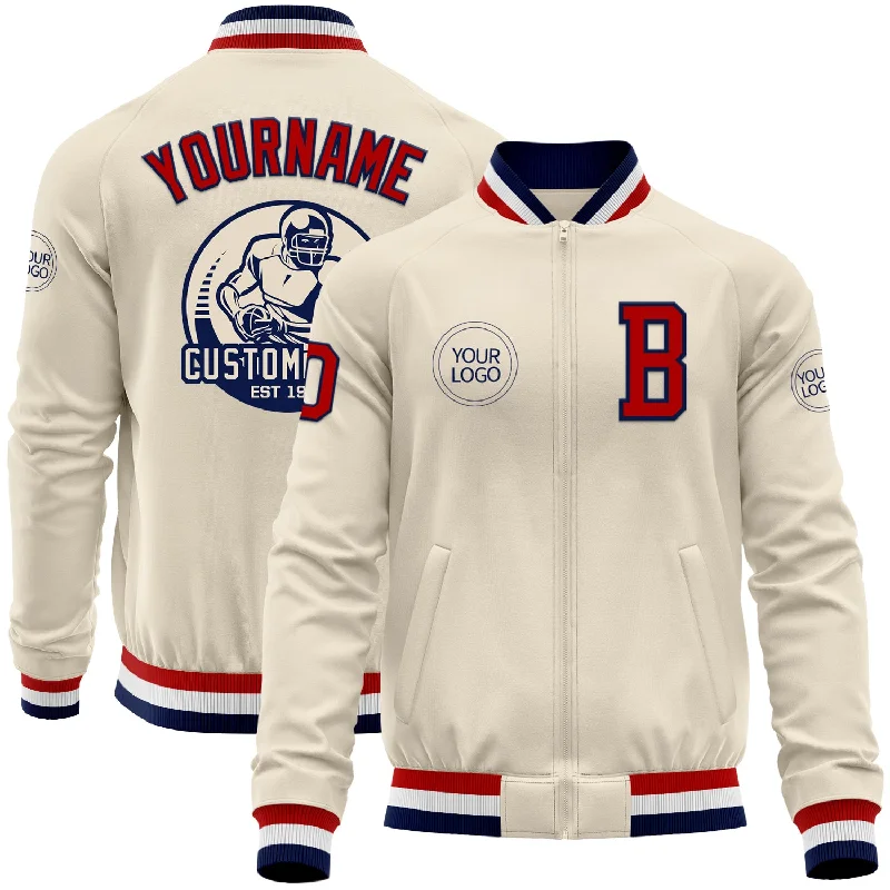 fishing rod power ratings-Custom Cream Red Navy-White Bomber Varsity Letterman Zipper Jacket