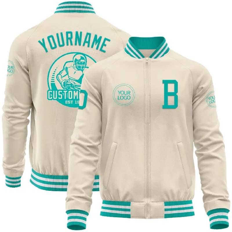 fishing kayaks for beginners-Custom Cream Aqua-White Bomber Varsity Letterman Zipper Jacket