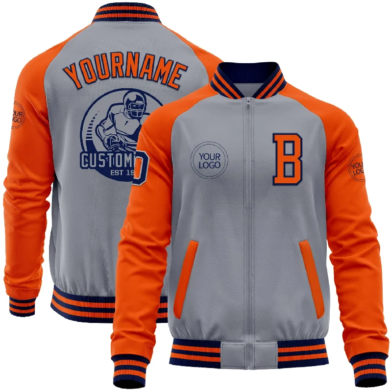 fishing line for saltwater rods-Custom Gray Navy-Orange Bomber Varsity Letterman Two Tone Zipper Jacket