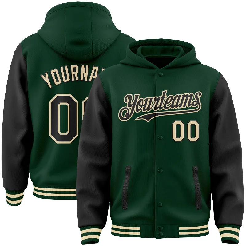 fishing poles for bank fishing-Custom Green Black-Cream Bomber Full-Snap Varsity Letterman Two Tone Hoodie Jacket