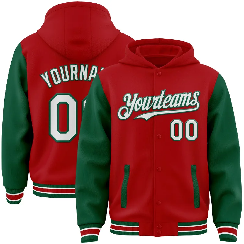 fishing tackle for trolling-Custom Red White-Kelly Green Bomber Full-Snap Varsity Letterman Two Tone Hoodie Jacket