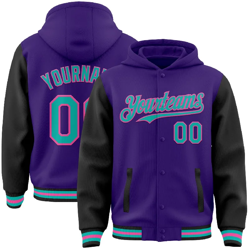 fishing gloves for cold weather-Custom Purple Aqua Black-Pink Bomber Full-Snap Varsity Letterman Two Tone Hoodie Jacket