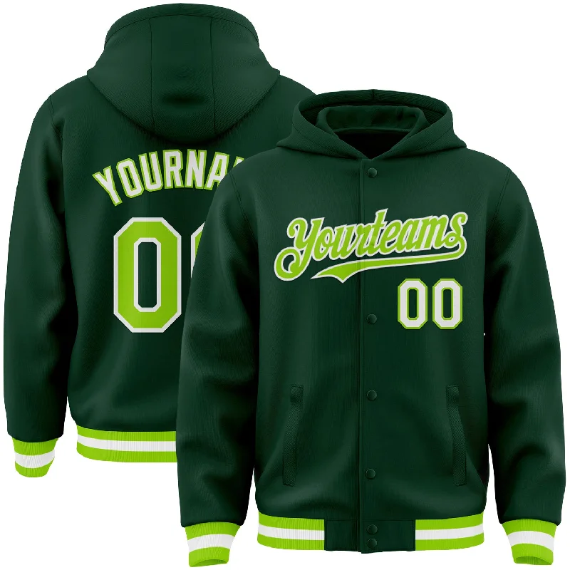 artificial lures for fly fishing-Custom Green Neon Green-White Bomber Full-Snap Varsity Letterman Hoodie Jacket