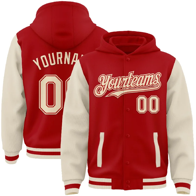 fishing nets for women fishing-Custom Red Cream Bomber Full-Snap Varsity Letterman Two Tone Hoodie Jacket