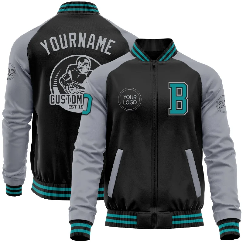 spinning reels for freshwater trolling-Custom Black Teal-Gray Bomber Varsity Letterman Two Tone Zipper Jacket