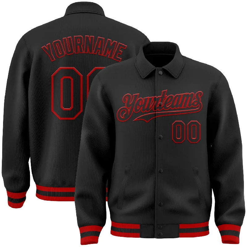 catfish fishing rods-Custom Black Red Bomber Full-Snap Varsity Letterman Lapel Collar Byron Jacket