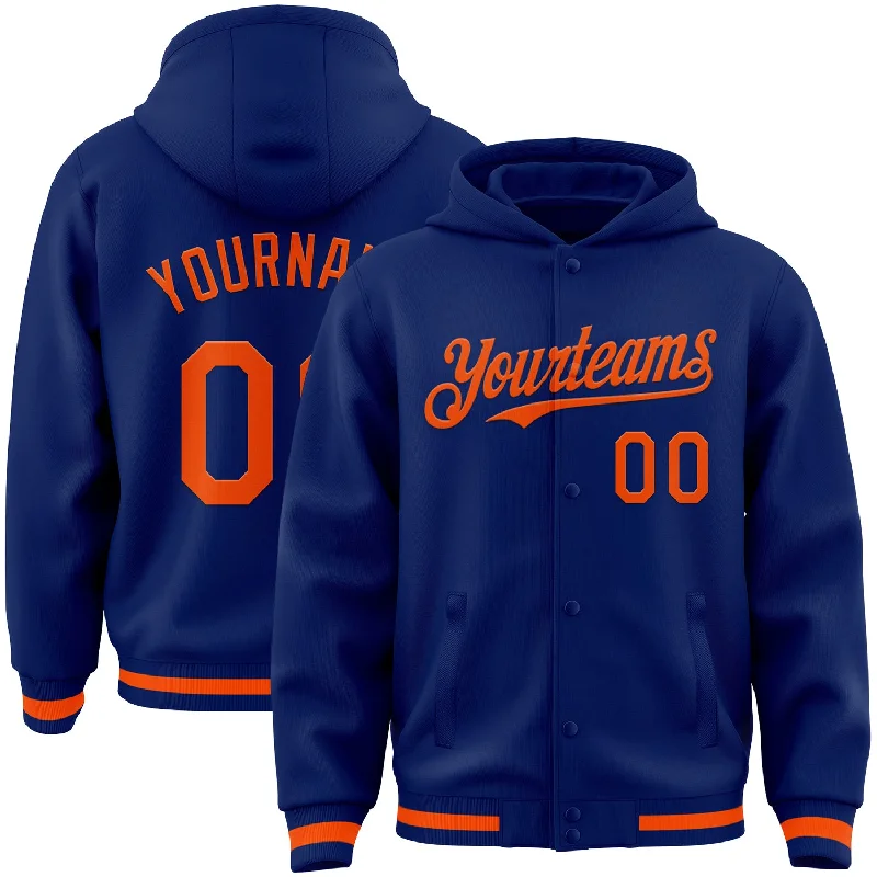 fishing gloves for trout-Custom Royal Orange Bomber Full-Snap Varsity Letterman Hoodie Jacket