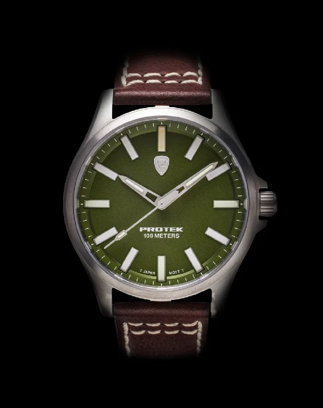 fishing line for carp fishing-ProTek Field Series 3000 Tactical Watch | Green Dial, Dark Brown Leather Band