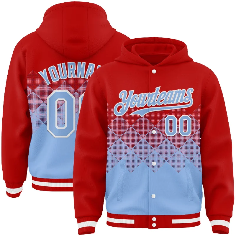 bass fishing lures-Custom Red Light Blue-White Gradient Square Shape 3D Pattern Design Bomber Full-Snap Varsity Letterman Hoodie Jacket