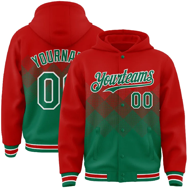 deep sea fishing trips-Custom Red Kelly Green-White Gradient Square Shape 3D Pattern Design Bomber Full-Snap Varsity Letterman Hoodie Jacket