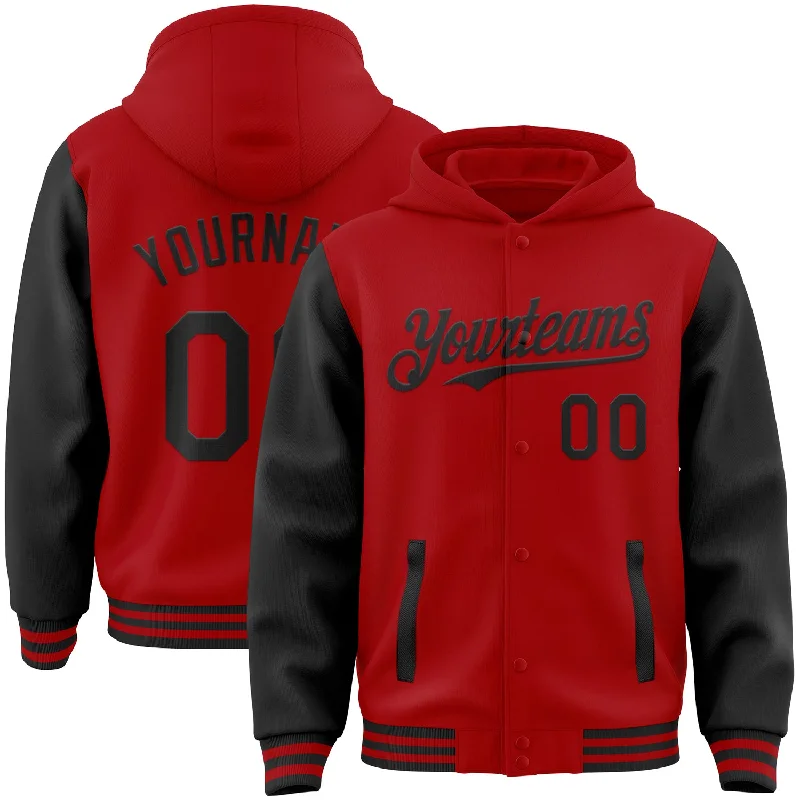 fishing reels for trout fishing-Custom Red Black Bomber Full-Snap Varsity Letterman Two Tone Hoodie Jacket