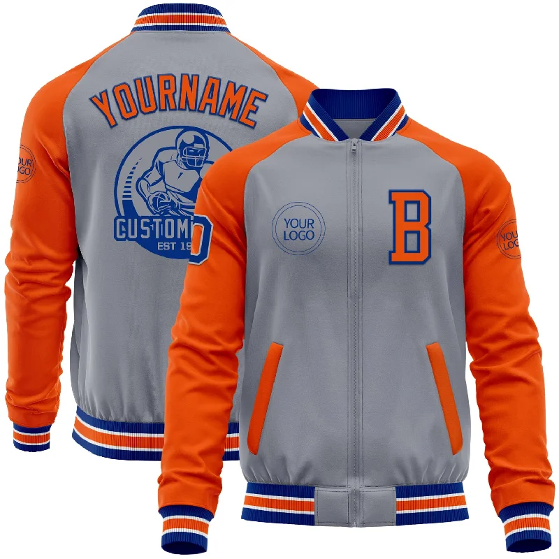 fishing rod holders for saltwater-Custom Gray Royal-Orange Bomber Varsity Letterman Two Tone Zipper Jacket