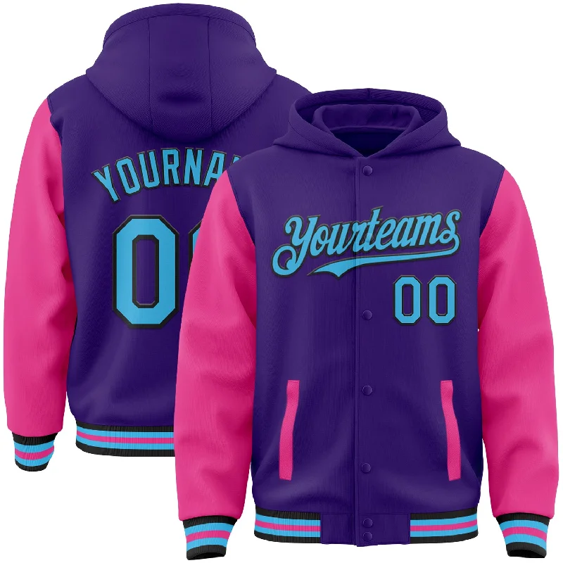 catfish fishing tackle for saltwater-Custom Purple Sky Blue Pink-Black Bomber Full-Snap Varsity Letterman Two Tone Hoodie Jacket