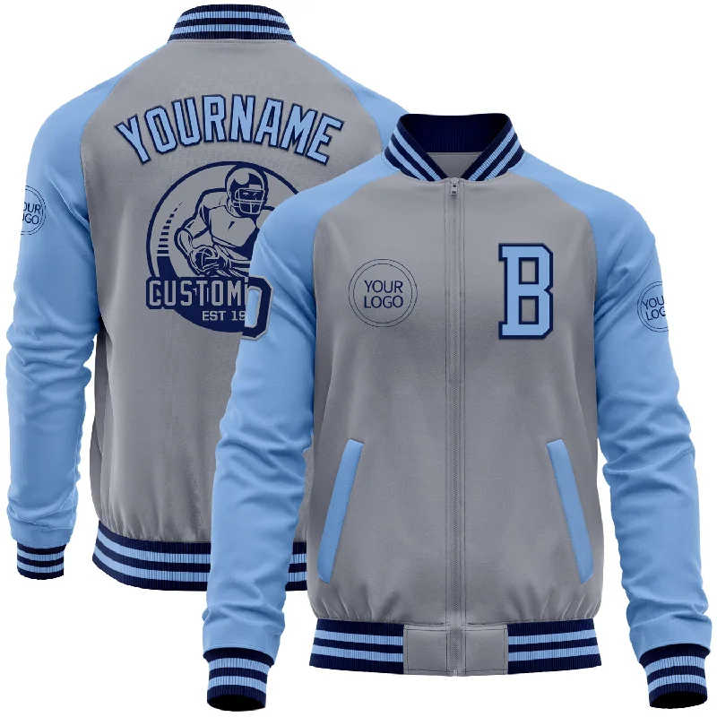 fishing line for saltwater fishing-Custom Gray Navy-Light Blue Bomber Varsity Letterman Two Tone Zipper Jacket