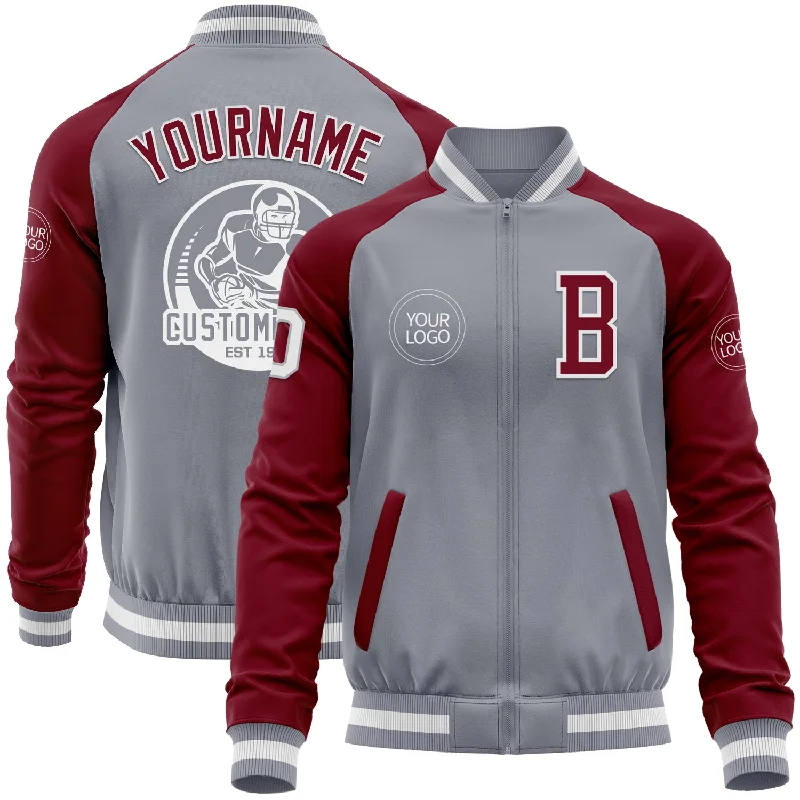 fishing line for carp fishing-Custom Gray White-Crimson Varsity Letterman Two Tone Zipper Jacket