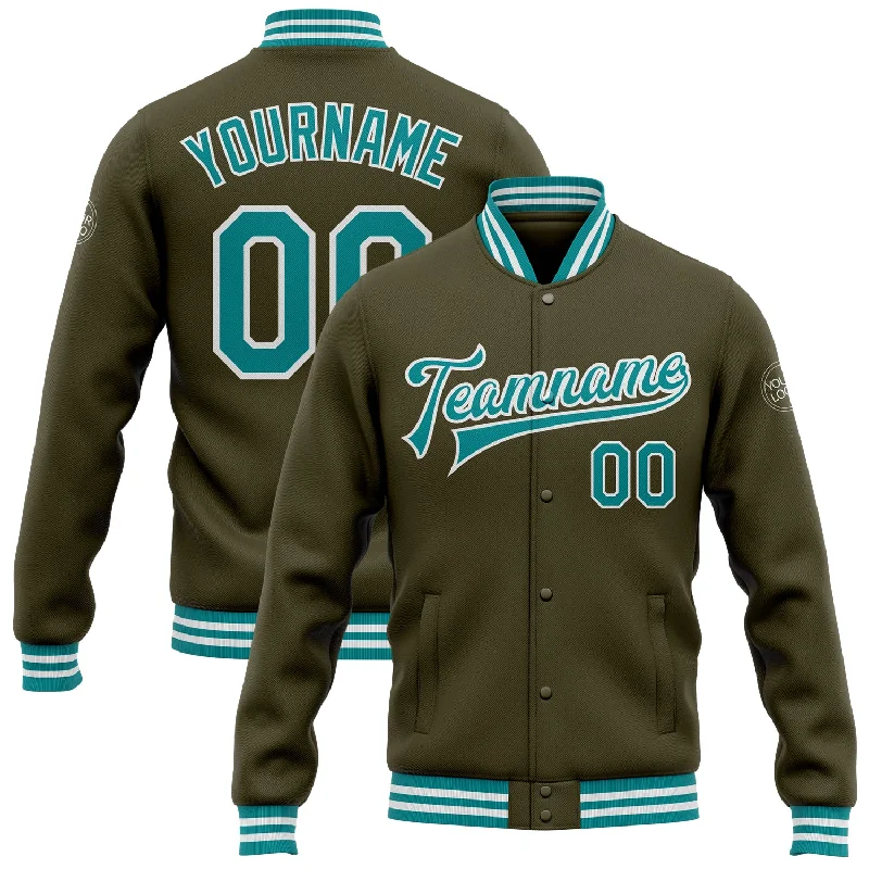 fishing reels for women-Custom Olive Teal-White Bomber Full-Snap Varsity Letterman Salute To Service Jacket