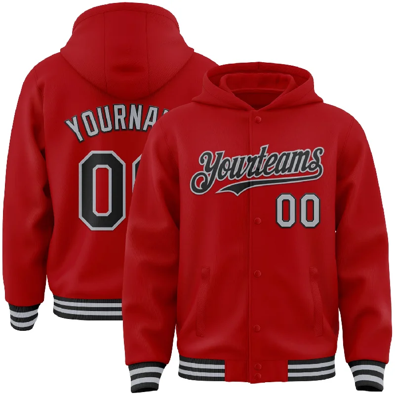 fishing tackle for car fishing-Custom Red Black-Gray Bomber Full-Snap Varsity Letterman Hoodie Jacket