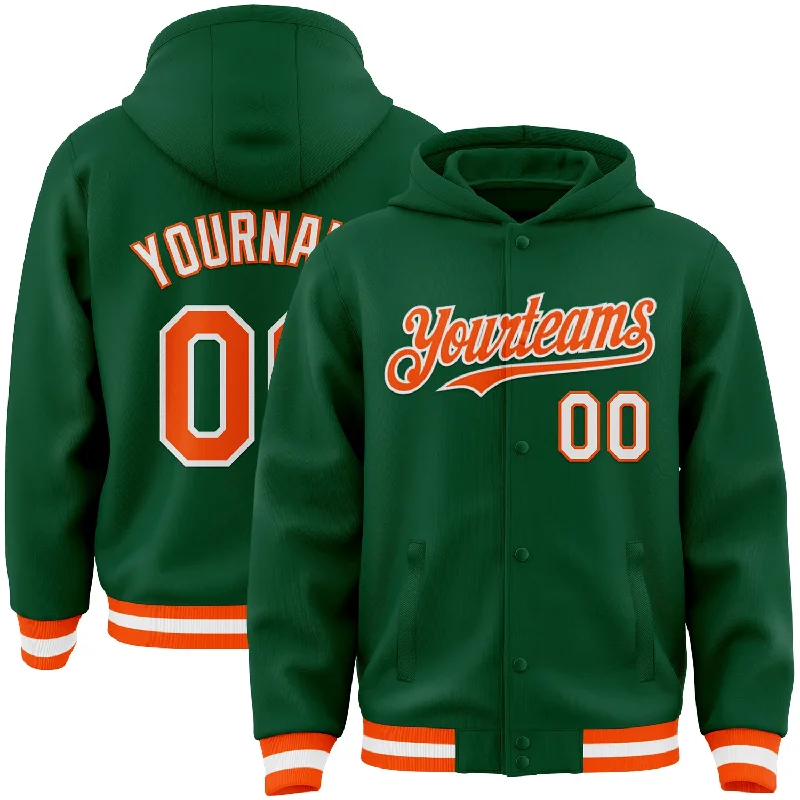 fishing reels for catfish-Custom Kelly Green Orange-White Bomber Full-Snap Varsity Letterman Hoodie Jacket