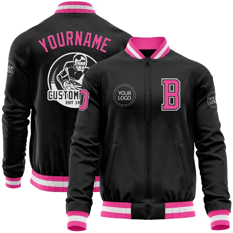 fishing poles for saltwater-Custom Black Pink-White Bomber Varsity Letterman Zipper Jacket