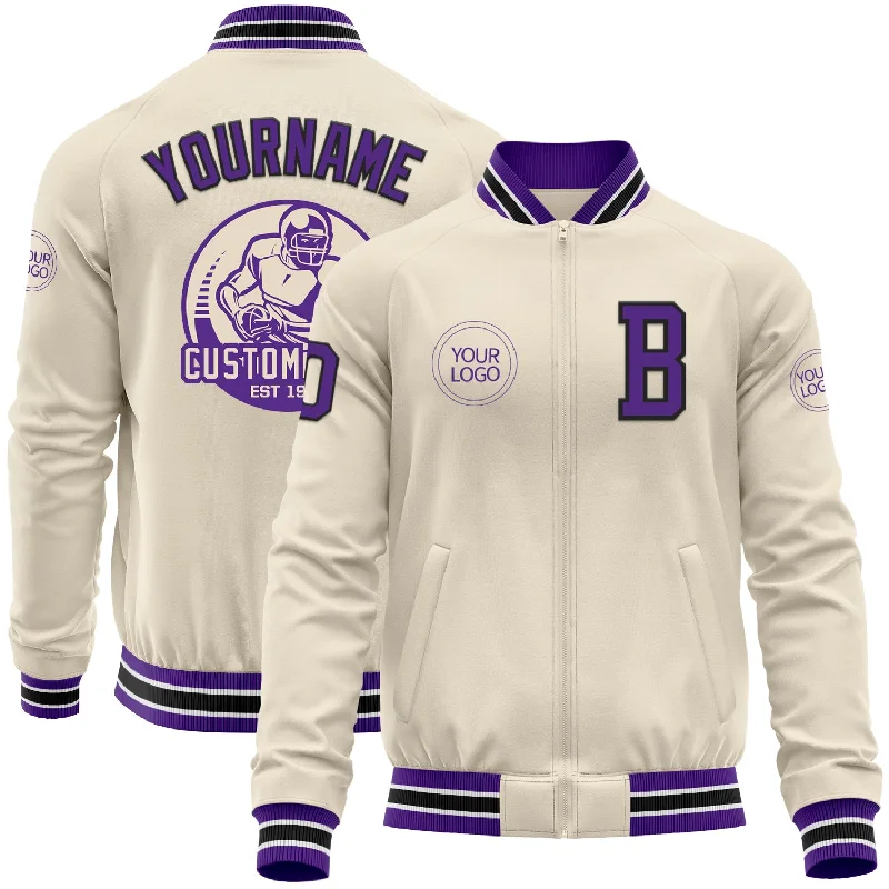 fishing rod sensitivity-Custom Cream Purple Black-White Bomber Varsity Letterman Zipper Jacket