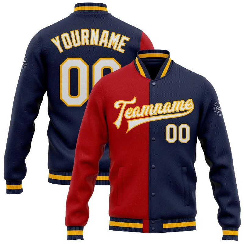 fishing hooks for freshwater-Custom Navy White Red-Gold Bomber Full-Snap Varsity Letterman Split Fashion Jacket