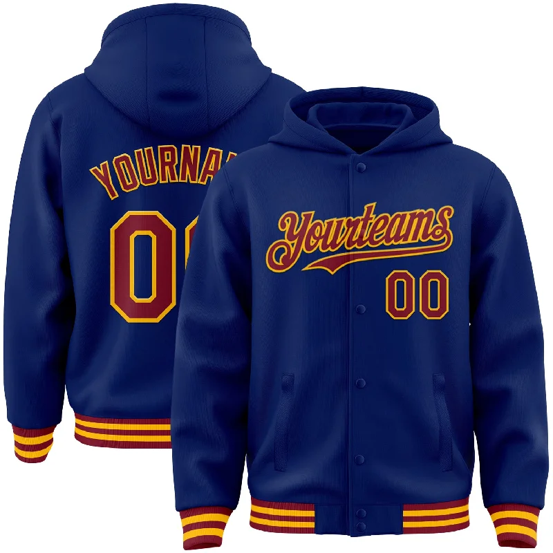 fishing hooks for deep sea-Custom Royal Crimson-Gold Bomber Full-Snap Varsity Letterman Hoodie Jacket