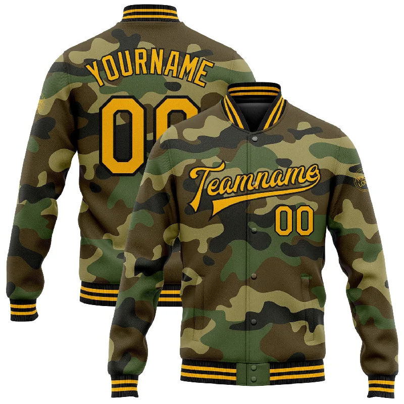 fishing gloves for women trolling-Custom Camo Gold-Black Bomber Full-Snap Varsity Letterman Salute To Service Jacket