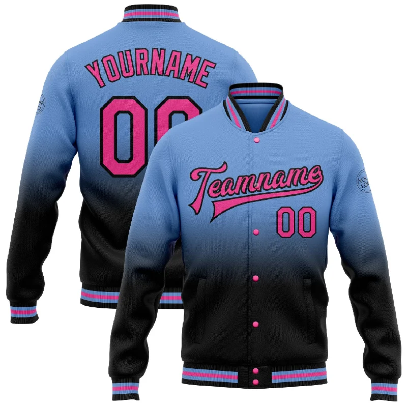 fishing reels for fly fishing-Custom Light Blue Pink-Black Bomber Full-Snap Varsity Letterman Fade Fashion Jacket