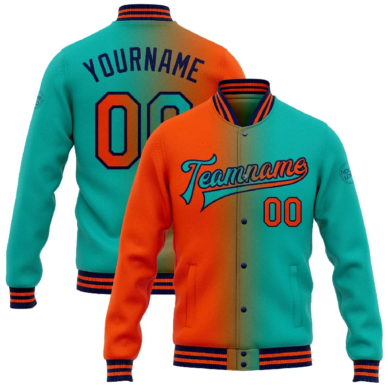 fishing poles for women-Custom Aqua Orange-Navy Bomber Full-Snap Varsity Letterman Gradient Fashion Jacket