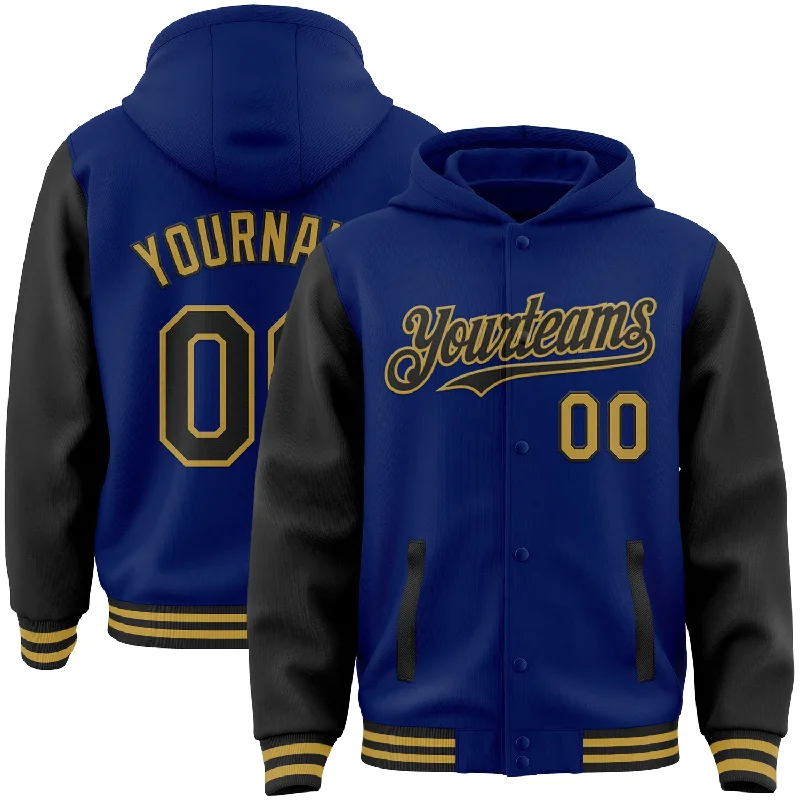 fishing hooks for freshwater-Custom Royal Black-Old Gold Bomber Full-Snap Varsity Letterman Two Tone Hoodie Jacket