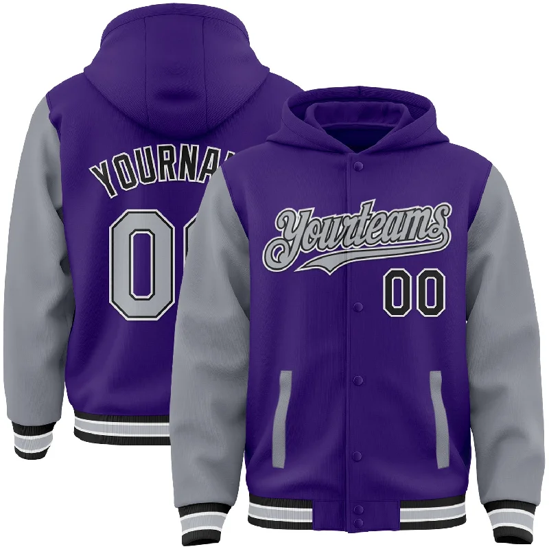 spinning reels for beginners-Custom Purple Gray-Black Bomber Full-Snap Varsity Letterman Two Tone Hoodie Jacket