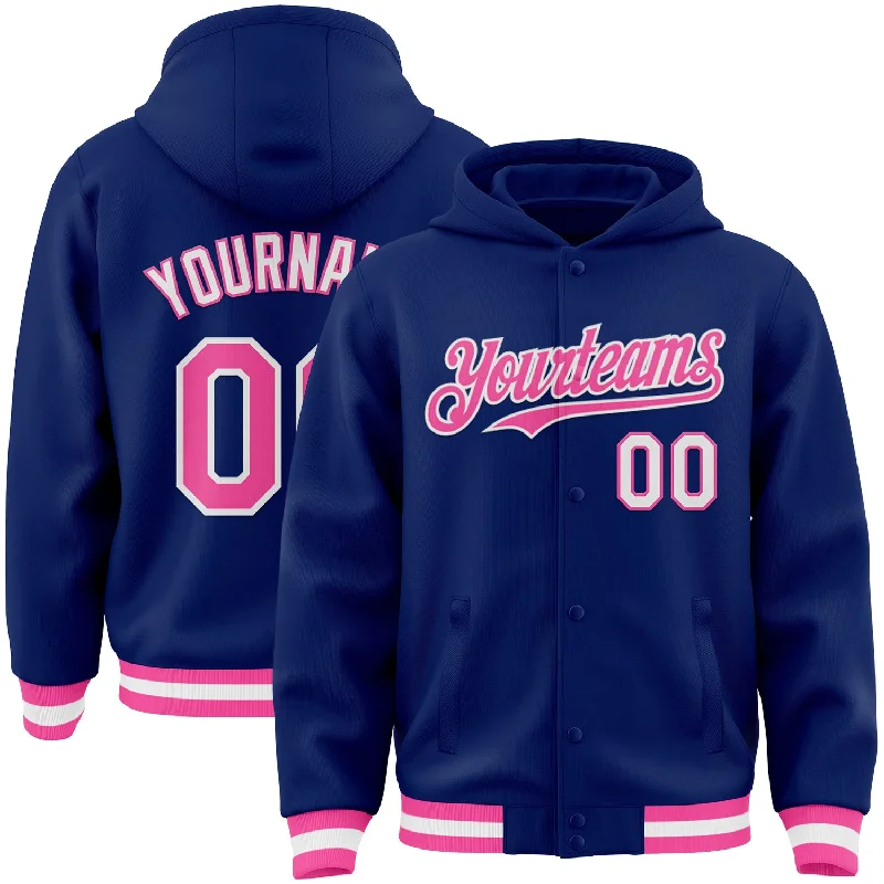 fishing reels for spinning-Custom Royal Pink-White Bomber Full-Snap Varsity Letterman Hoodie Jacket