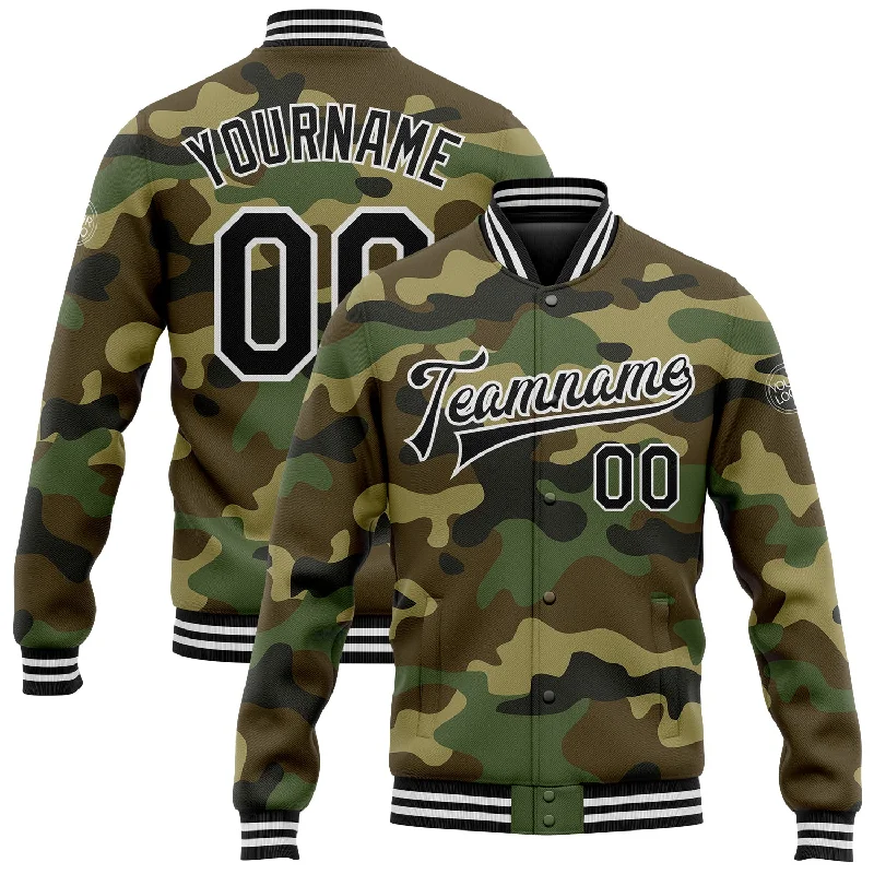 spinning reels for women trolling-Custom Camo Black-White Bomber Full-Snap Varsity Letterman Salute To Service Jacket