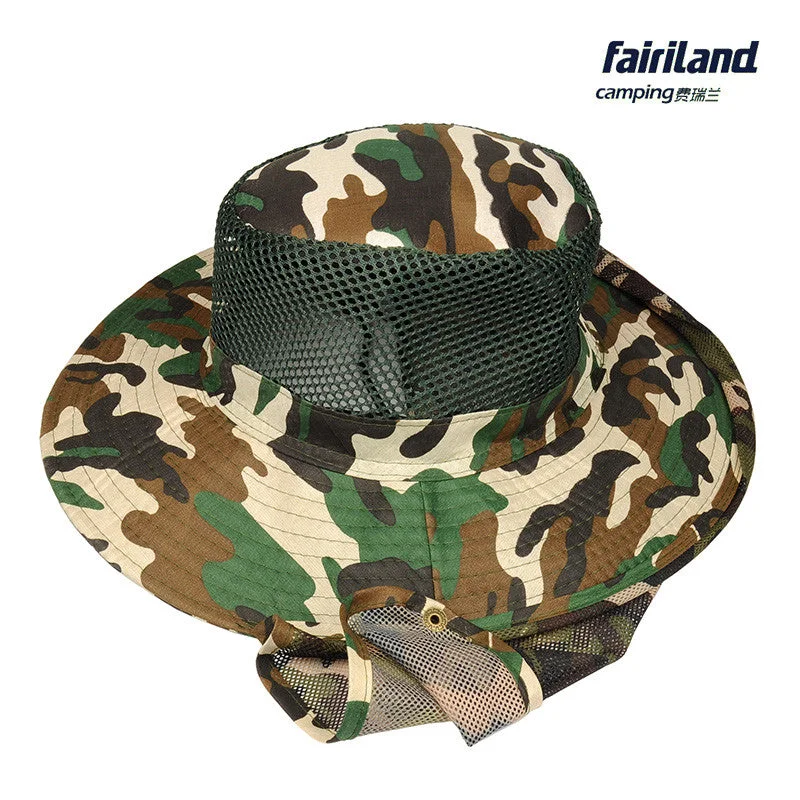 carp fishing tackle for freshwater-Unisex Camouflage Fishing Cap with Wide Brim and Shawl Neck Protection Outdoor Camping Hat