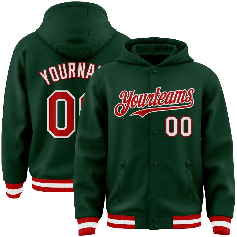 fishing poles for trolling-Custom Green Red-White Bomber Full-Snap Varsity Letterman Hoodie Jacket