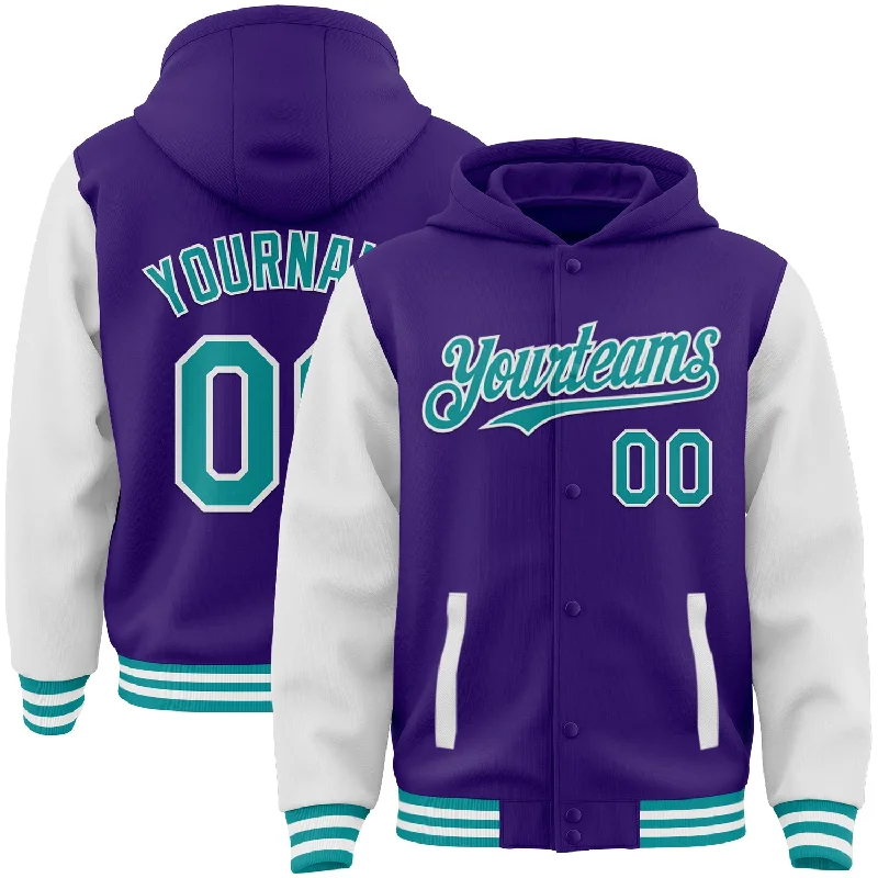 fishing kayaks for freshwater fishing-Custom Purple Teal-White Bomber Full-Snap Varsity Letterman Two Tone Hoodie Jacket