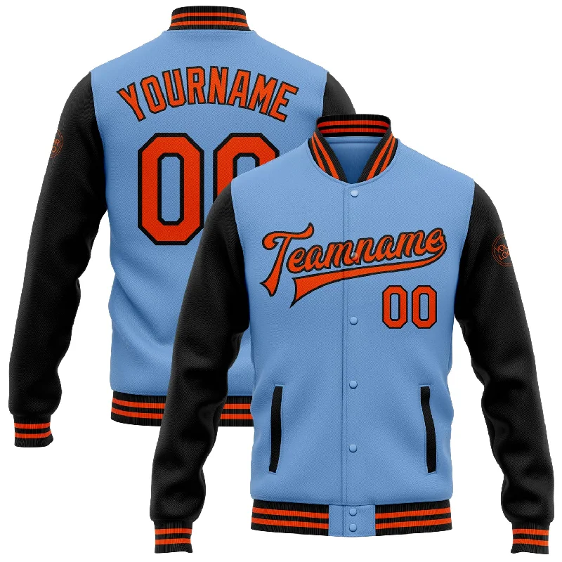 fishing bait for ice fishing-Custom Light Blue Orange-Black Bomber Full-Snap Varsity Letterman Two Tone Jacket