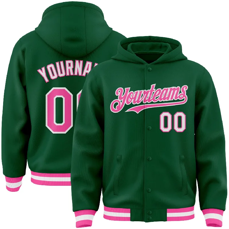 fishing gloves for carp-Custom Kelly Green Pink-White Bomber Full-Snap Varsity Letterman Hoodie Jacket